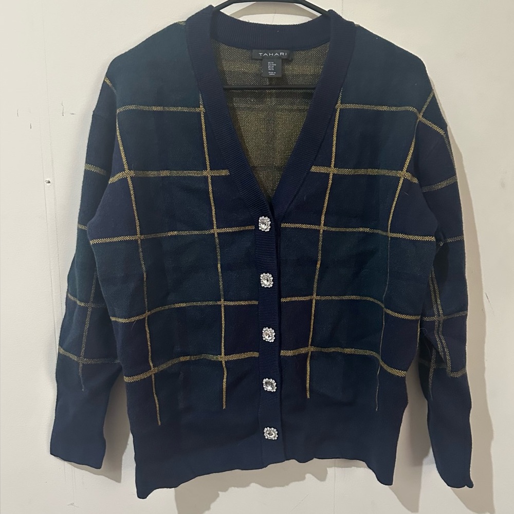 Tahari Medium Navy Green Plaid Oversized Crystal Button Up Cardigan
